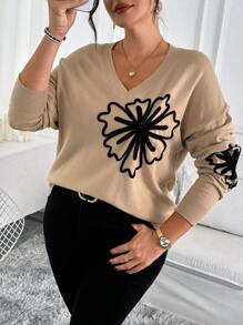 EMERY ROSE 大码女式杏色花卉刺绣 V 领休闲套头毛衣，适合日常和家居穿着，适合冬季 - 杏色 - 查看 2