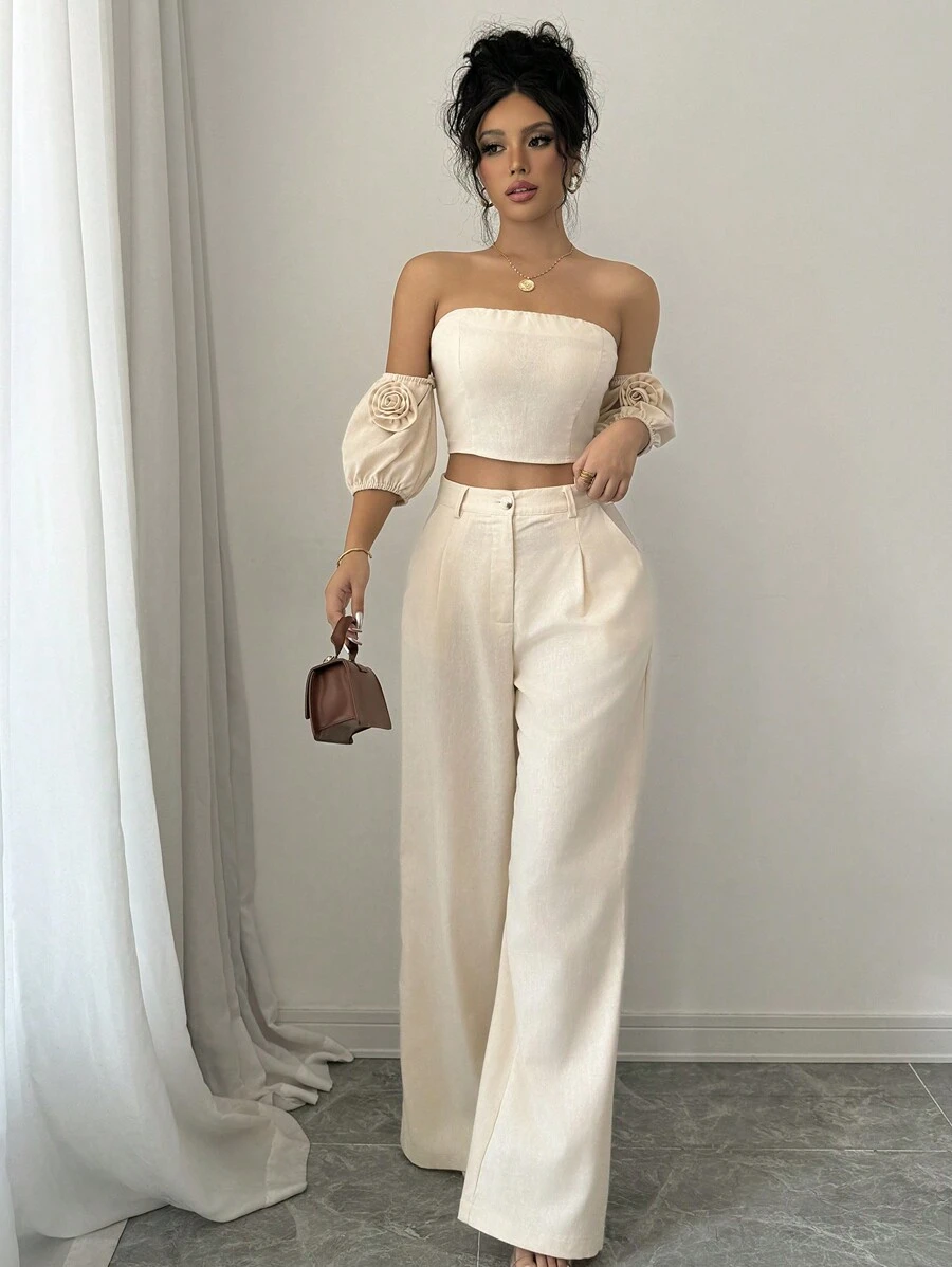 Selianne 2-Piece Set: 3D Flower Decor Off Shoulder Top And Pants - Apricot - View 1