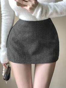 DAZY 女士纯色休闲修身优雅半身裙，秋冬女装半身裙 - 深灰色 - 查看 6