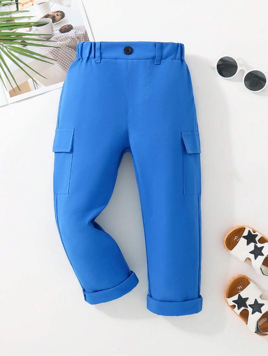 SHEIN Quần Cargo màu trơn thường ngày cho bé trai - Màu xanh lam - Xem 1