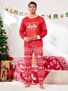 CoupledUp 圣诞元素印花套头长袖上衣和长裤男士睡衣套装，秋冬服装 - 紅色 - 查看 4