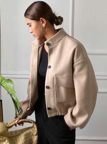 DAZY Solid Color Stand Collar Pocket Short Jacket For Women,Fall Clothes - Apricot - View 7