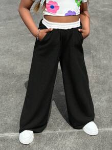 SHEIN Tween Girl Street-Style Ribbed Waistline Contrast-Color Casual Sweatpants - Black - View 3