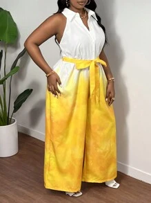 Slaydiva 大碼無袖漸層印花黃色連身裝，腰部綁帶和缺口領，女性夏季度假裝 - 黃色 - 查看 7