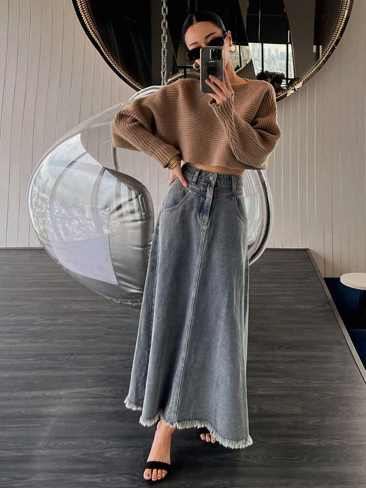 Women's Button Front Pocket Plain Denim Skirt, Casual Daily Wear Jeans Skirt Fall/Winter