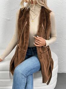 Chiquease Sleeveless Ribbons Elegant Fluffy Coat - Brown - View 6