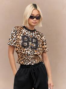 MISSGUIDED Top à manches ballons courtes avec imprimé léopard, taille froncée et imprimé du numéro "89" - Multicolore - Voir 1