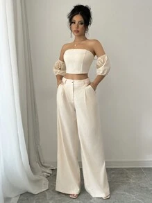 Selianne 2-Piece Set: 3D Flower Decor Off Shoulder Top And Pants - Apricot - View 4
