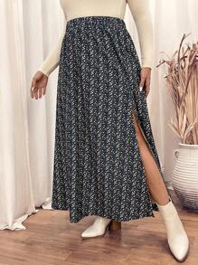 SHEIN VCAY 大码花卉印花开衩下摆半身裙 - 彩色 - 查看 4