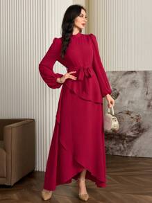 Modelyn 女士优雅束腰修身不对称袖长连衣裙 - 玫紅色 - 查看 7