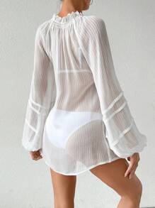 SHEIN Swim Women's Chiffon Striped Loose Long Sleeve Mid-Length Vacation Beach Coverup With Ruffle Collar Design Summer