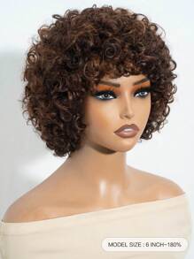 Kurze Afro-lockige Perücke aus Echthaar, gemischtes Braun, lockige Perücke mit Pony, Echthaar, günstiger Pixie-Cut Trage-und-Geh-Perücke, maschinell gefertigt - S4/33/30 - Übersicht 2