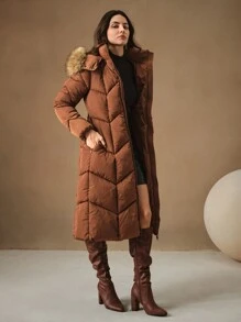 Anewsta Long Brown Thicken Detachable Fluffy Collar Belt Waisted Double Zipper Padded Coat