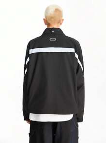 Manfinity VCAY Men's Street-Style Woven Panel Stand Collar Zip-Up Jacket, Suitable For Autumn/Winter - Black - View 2