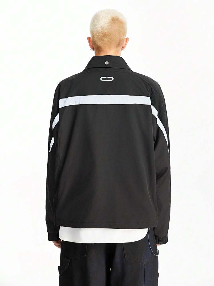 Men's Street-Style Woven Panel Stand Collar Zip-Up Jacket, Suitable For Autumn/Winter