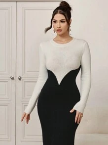 Modelyn Dames Herfst Elegante Colorblock Splice Getailleerde Trui Jurk