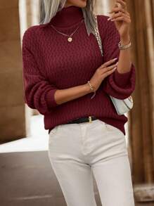 Chiquease Áo len nữ cổ cao màu trơn đơn giản, phong cách thường ngày, thích hợp cho mùa thu đông, áo len dài tay dệt kim cho năm mới. - Đỏ - Xem 6