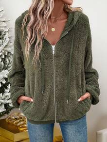 SHEIN LUNE 連帽休閒束口日常雙面絨外套 - 軍綠色 - 查看 3