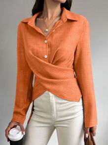 Chiquease 女士长袖交叉下摆修身优雅迷人衬衫女士衬衫 - 亮橙色 - 查看 4