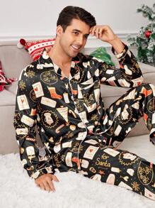 CoupledUp Regalos de Navidad para la pareja, conjunto de pijama de satén estampado para hombres - Negro - Ver 4