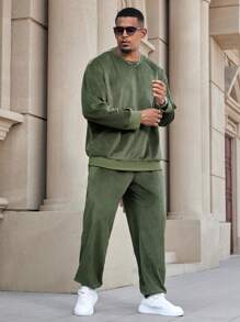Manfinity Homme Men Plus Size Solid Color Casual Sweatshirt And Sweatpants Set - Army Green - View 7
