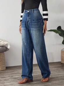 SHEIN LUNE Women Wide Leg Loose Casual All-Match Denim Jeans - Blue - View 3