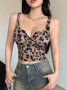 DAZY 1 件时尚豹纹修身背心，夏季 - 棕色 - 查看 5