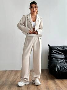 Flirla Women's Casual Solid Color Jacket And Pants Suit, Spring And Autumn Fall Cloth For Women - Apricot - View 6