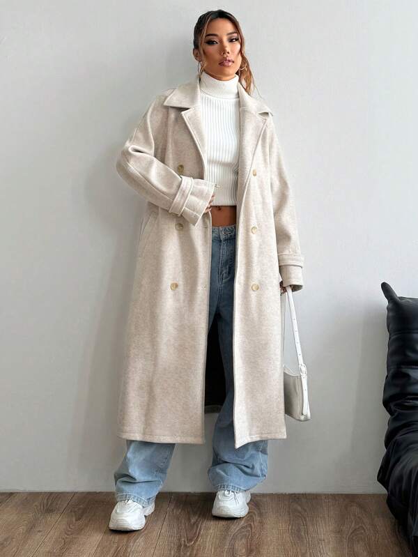 Flirla Women's Solid Color Notched Collar Double-Breasted Long Casual Knitted Coat, Autumn/Winter, Ladies Winter Casual Belted, Double Button, Pocket Regular Sleeve Lapel Loose Apricot Plain Women Overcoats, Casual Daily Wear