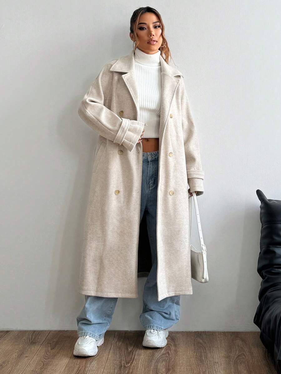 SHEIN Unity 女士纯色缺口领双排扣长款休闲针织外套，秋冬，女士冬季休闲腰带，双纽扣，口袋常规袖翻领宽松杏色纯色女式大衣，休闲日常穿着 - 杏色 - 查看 1