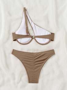 SHEIN Swim Summer Beach Rib-Knit Ruched One Shoulder Underwire Bra & Swim Bottom Bikini Bathing Suit - Mocha Brown - View 2