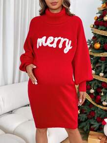 SHEIN 孕妇字母图案高领长袖毛衣，适合圣诞节、圣诞节、秋冬季 - 紅色 - 查看 1
