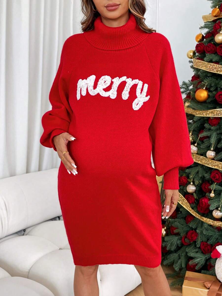 SHEIN 孕妇字母图案高领长袖毛衣，适合圣诞节、圣诞节、秋冬季 - 紅色 - 查看 1