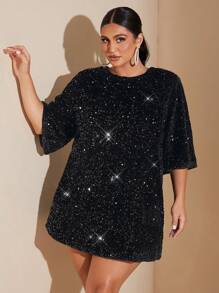 SHEIN BAE Vestido de fiesta de noche de mujer talla grande elegante y sexy de terciopelo negro con lentejuelas brillantes, cuello en V profundo, espalda descubierta, recto y suelto, vestido mini para fiesta de cumpleaños - Negro - Ver 2