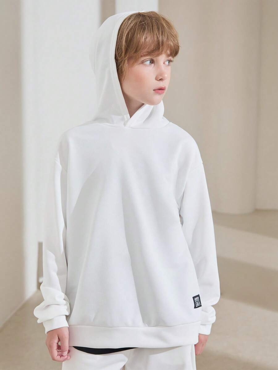 SHEIN Tween Boy Letter Patched Detail Hoodie & Shorts - White - View 1