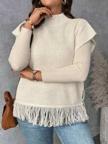 SHEIN LUNE Plus Size Women Stand Collar Loose Fringe Hem Knit Sweater Vest, Autumn/Winter, Country Western Style
