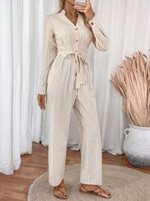 SHEIN LUNE Bộ đồ liền thân dài tay cổ xẻ sọc, trang phục nghỉ dưỡng thường ngày - Màu be - Xem 4