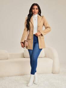 秋冬秋季衣服时尚秋季女装优雅女士工作办公室休闲连衣裙优雅休闲出棕色编织翻领围脖袖金色纽扣新款修身长袖女式外套女装 - 卡其色 - 查看 5