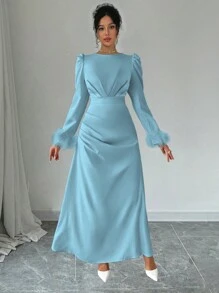 Chiquease Women Elegant Party Microfiber Feather Patchwork Puff Sleeve & Ruched Design Dress - Blue - View 1