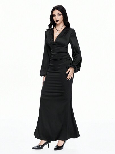 Goth Sexy & Mature Lady Party Dress, Low Cut, Reflective Satin Ruched Waist, Lantern Sleeve, Solid Black, Maxi Length