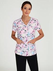 TaskEZ 女士 - 扎染甜心 V 领手术服上衣，女士短袖 V 领护士制服，带 2 个口袋 T 恤手术服上衣短袖口袋休闲制服上衣 - 彩色 - 查看 4