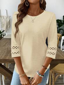 EMERY ROSE Plain Crew Neck Mid-Length Sleeve Casual T-Shirt - Apricot - View 3