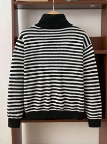 SHEIN 青少年男孩条纹高领宽松针织毛衣，秋冬