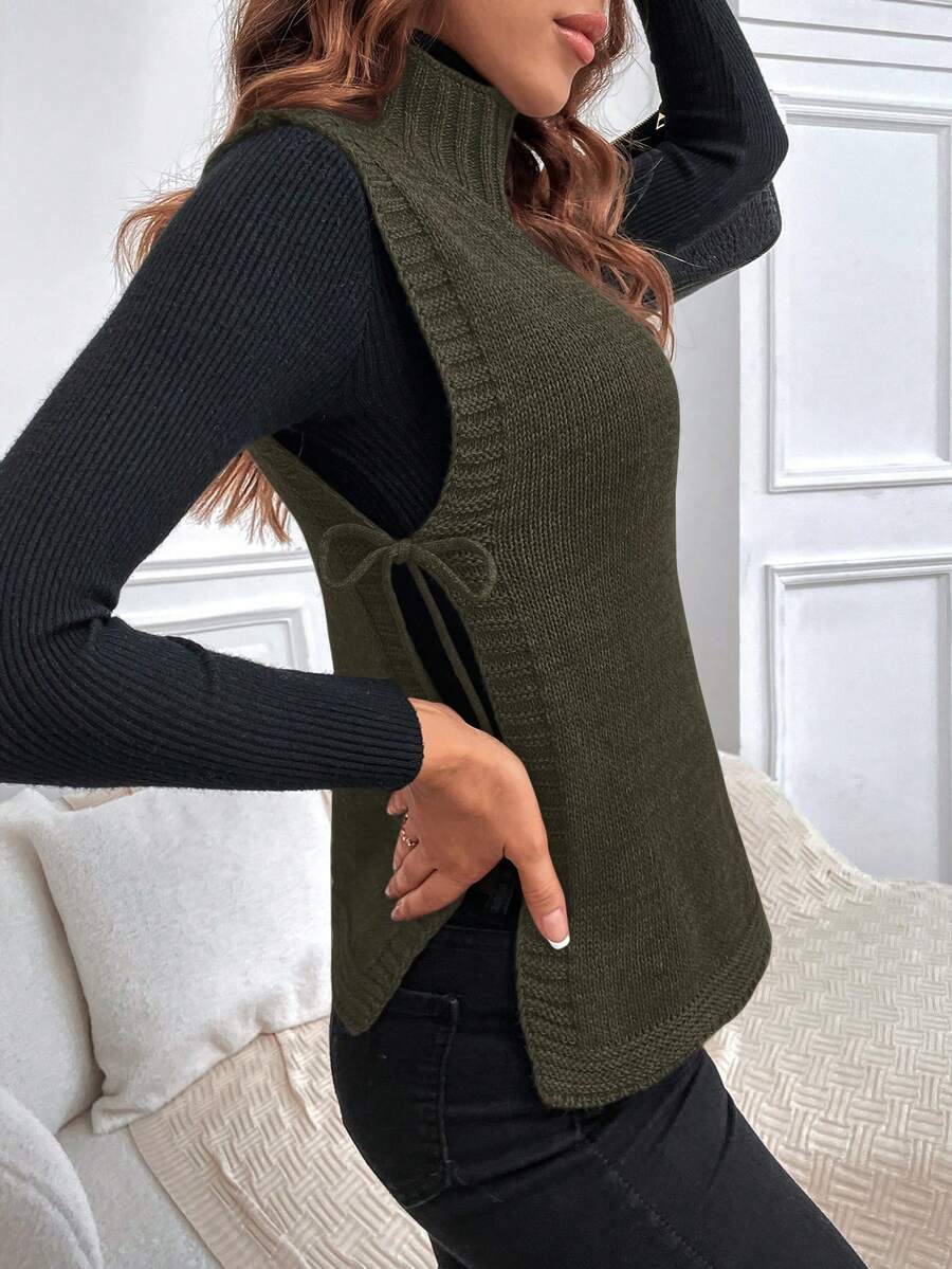 SHEIN LUNE Solid Color Turtleneck Sleeveless TieUp Simple Casual Knit