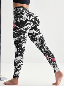 Menodora SHEIN Sport Seamless Halloween Graffiti Sports Leggings - Black and White - View 5
