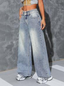 SHEIN ICON Women's Pocket Loose Wide-Leg Casual Versatile Denim Pants - Light Wash - View 6