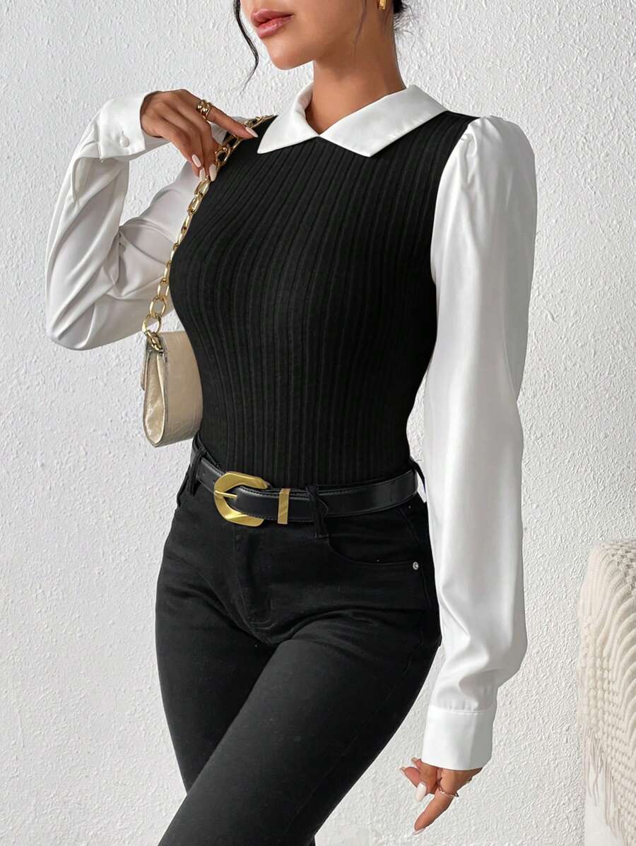 SHEIN Frenchy 女式休闲拼色泡泡袖衬衫(春秋季) - 黑色 - 查看 1
