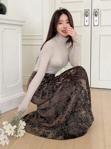 DAZY 女士纹理树皮图案保暖长裙 - 棕色 - 查看 3