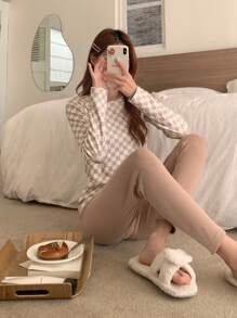 DAZY Checkerboard Patchwork Thermal Lined Fitted Pajama Set,Thermal Lined Fall,Winter - Khaki - View 4