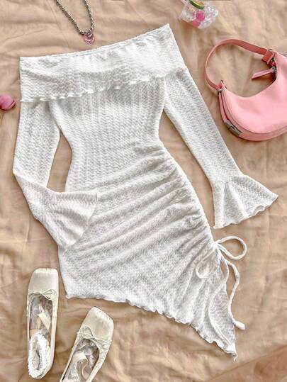 Soleia 休闲性感露肩纹理抽绳不对称下摆紧身连衣裙